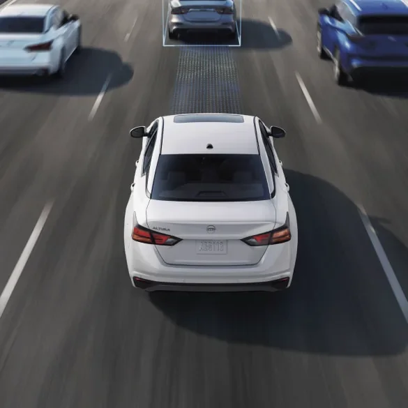 2027 Nissan Altima on freeway surrounded by cars with schematic drawings of ProPILOT Assist capabilities at Mtn View Nissan of Bristol in Bristol TN